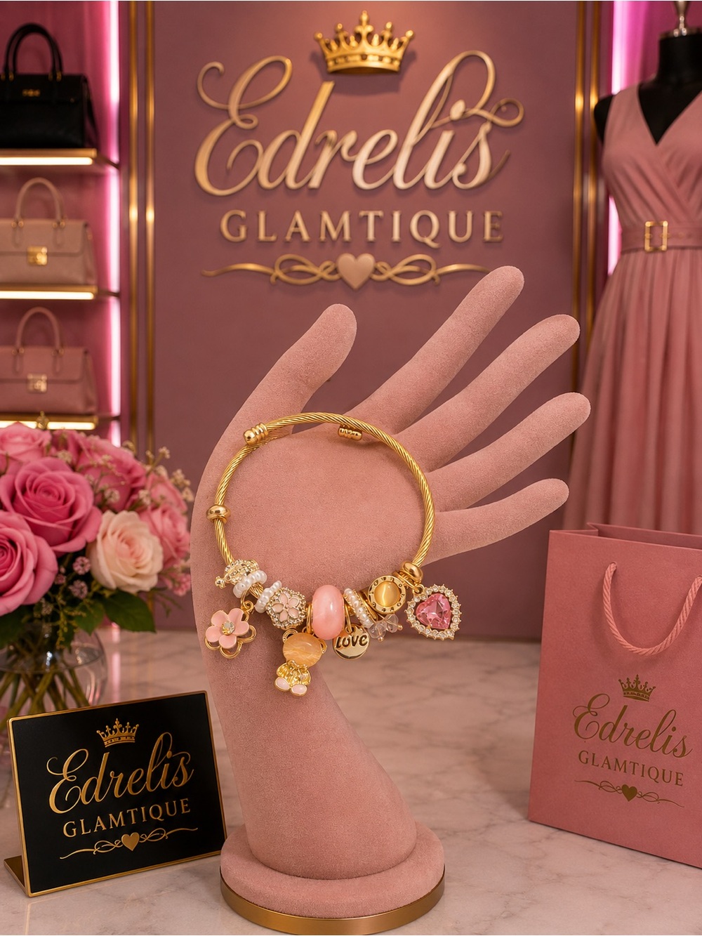 Gold and Pink Charm Bracelet -